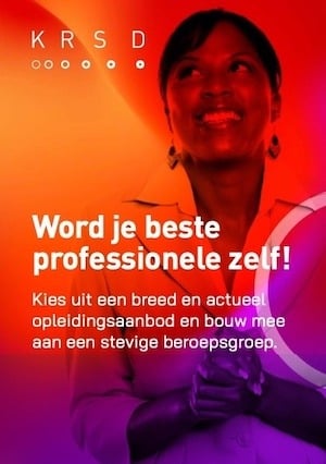 Flyer KRSD in felle kleuren met een vrouw die zin heeft om haar beste professionele zelf te worden